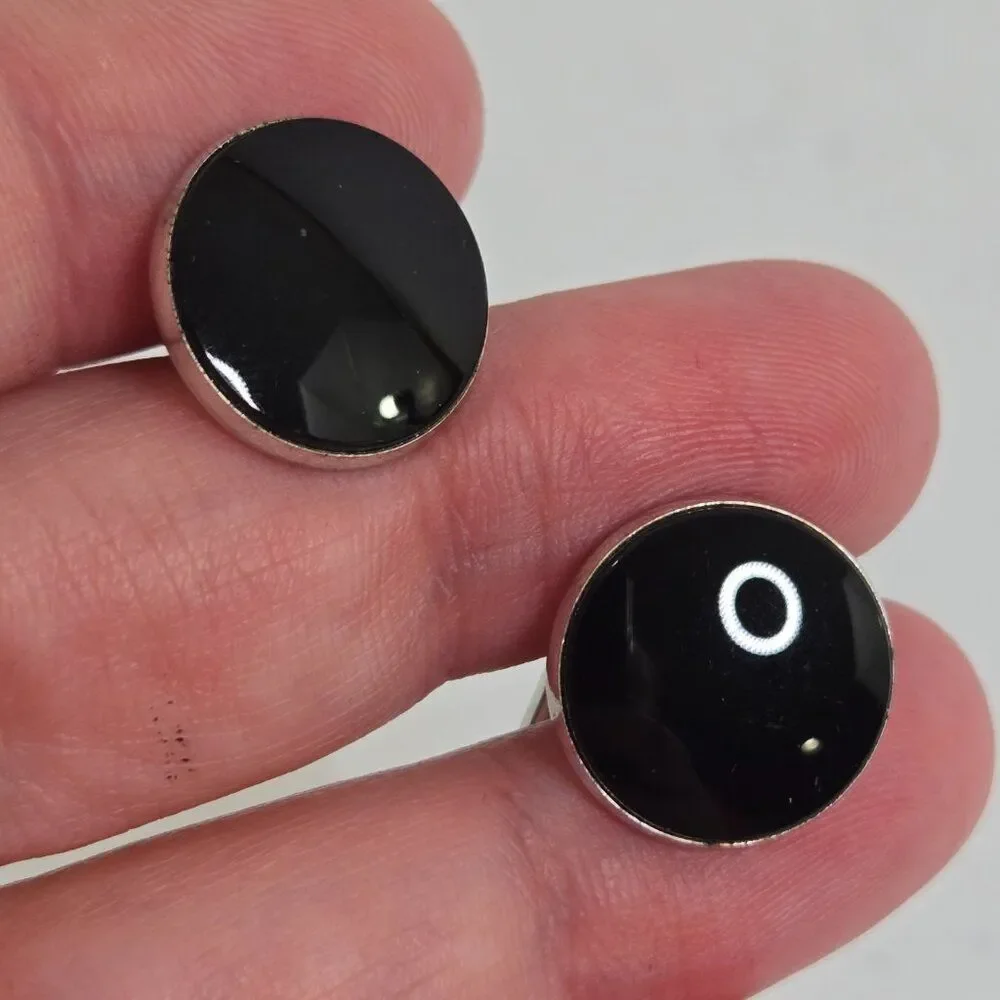Swank Cufflinks Black Enamel Circle Silver Tone Shiny Black Onyx Bar